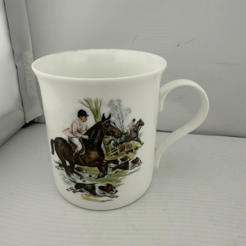 Vtg Crown Trent China Staffordshire England Fox Hunt Coffee Mug Horses Dogs